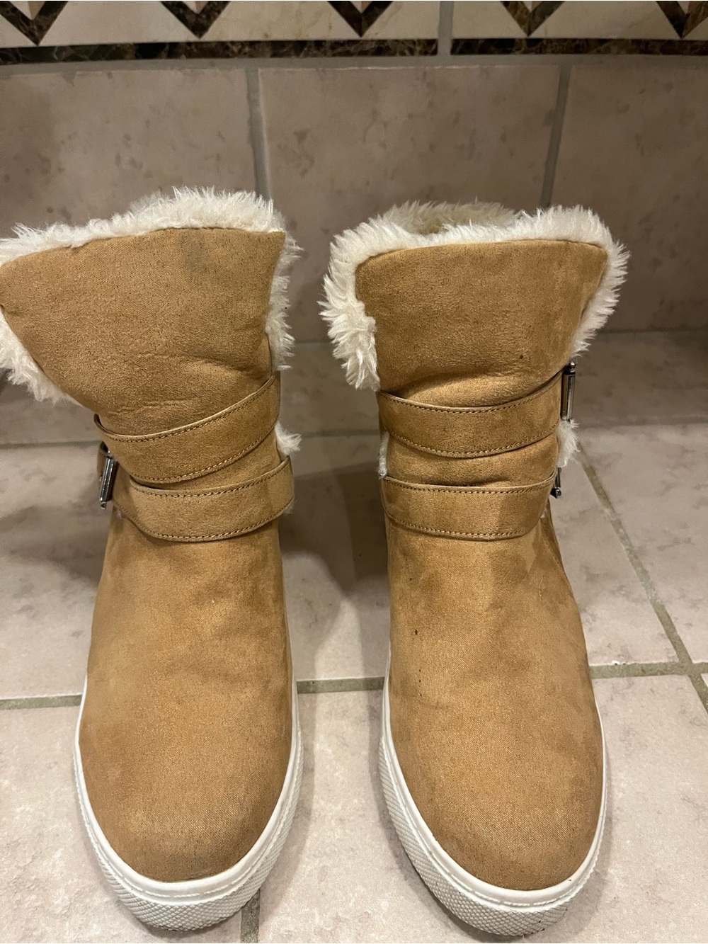 Steve Madden Tan Suede Faux-Shearling Ankle Booties